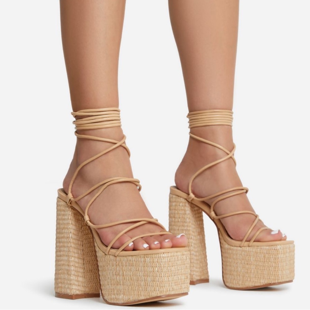 Vine-Hill Lace Up Strappy Open Toe Woven Platform Block Heel In Tan Brown